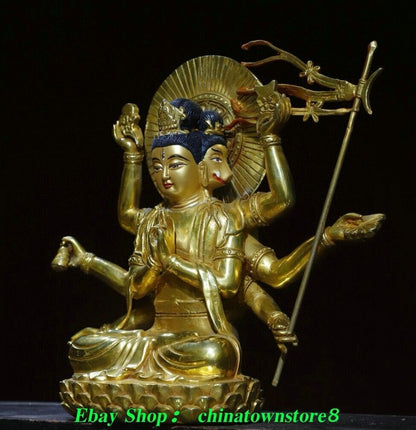 10.6'' Old Nepal Pure Bronze Gilt Painting 3 Head 8 Arm Namgyalma Buddha Statue
