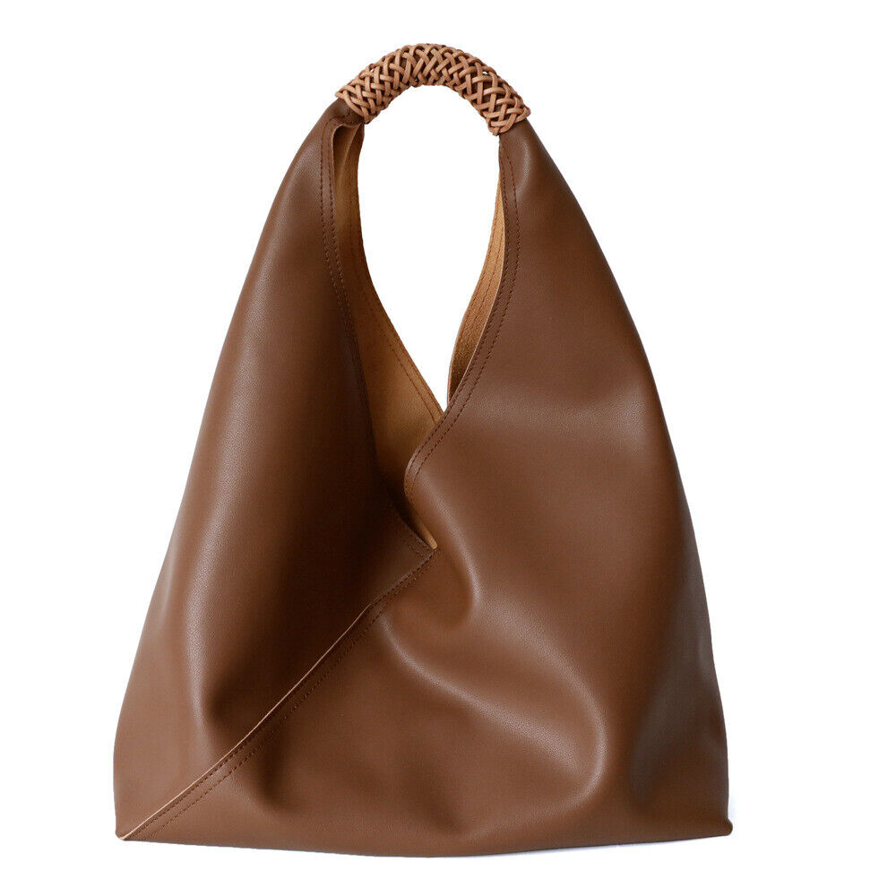 Raw Edge Leather Triangle Tote Hobo Shopper Shoulder Bag Sack Braided Handle