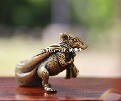 6 cm Pure Bronze Copper Zodiac Animal Rat Mouse Bring Wealth Sack Statue