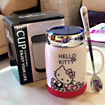 New Cute Home Ceramic Cup Tea Milk Coffee Mug c/w Spoon & lid 450ML