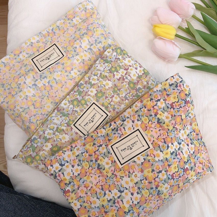 Floral Makeup Bag Large Cotton Fabric Cosmetic Traveling Case Storage Organizer