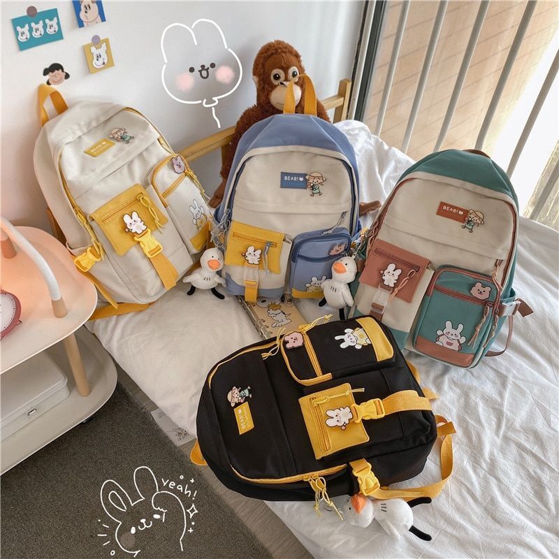 Badge Buckle Backpack Waterproof Patchwork Fancy Student Book Bags 30*41*13 CM
