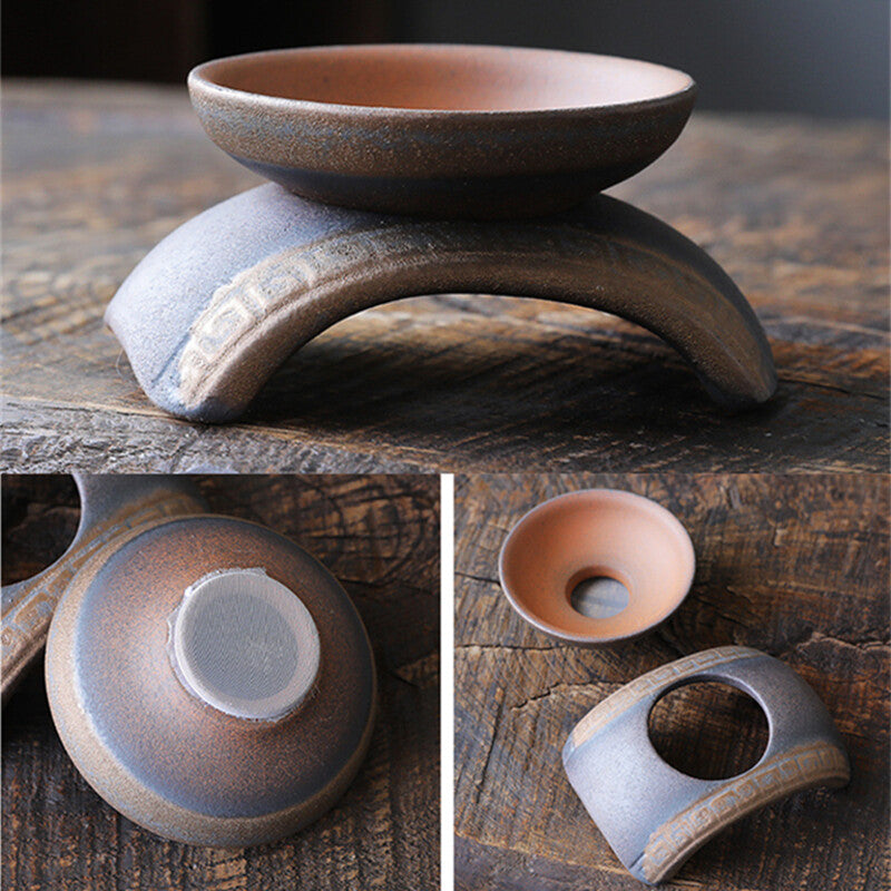 Chinese Tea Strainer Ceramic Tea Filter Net With Holder Crude Pottery For Teaset