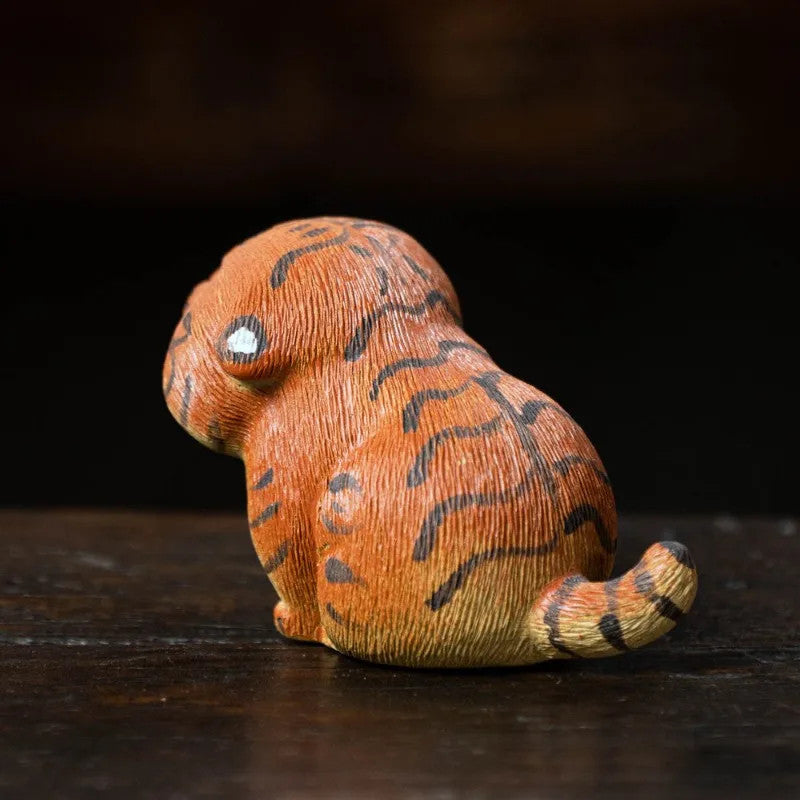 8.3cm Purple Clay Handcarved Zodiac Tiger Tea Pet Statue Auspicious Ornament