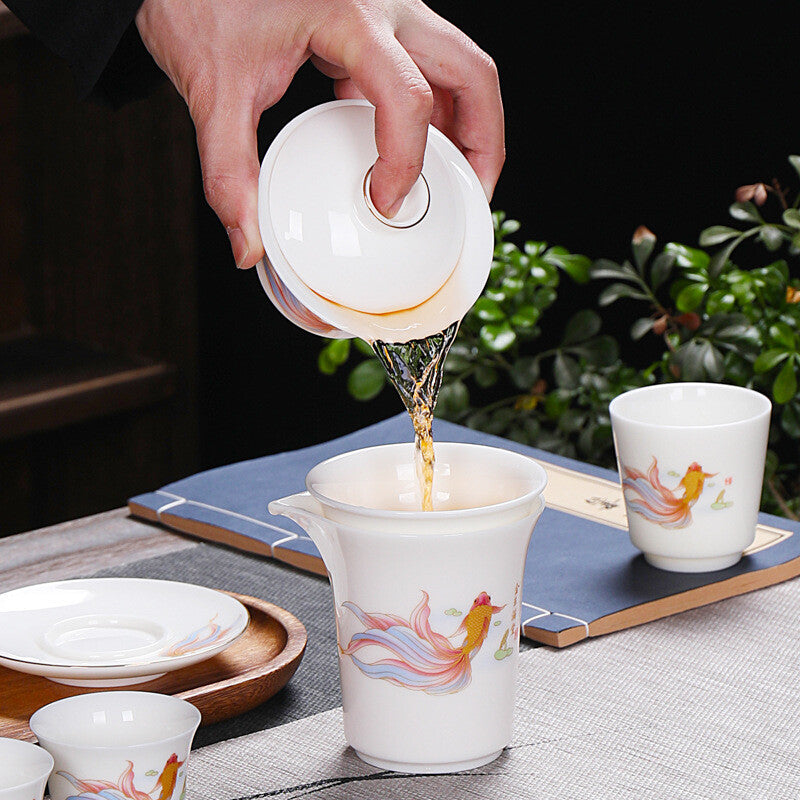 Complete Tea Set Fat Mutton Jade Porcelain Gaiwan Tureen Fish Drawing Tea Cups