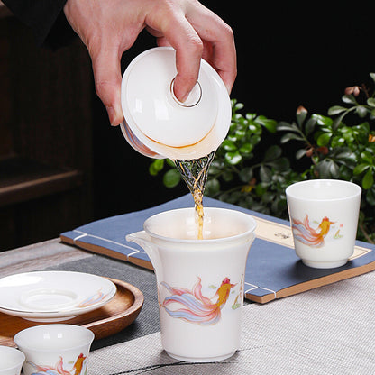 Complete Tea Set Fat Mutton Jade Porcelain Gaiwan Tureen Fish Drawing Tea Cups