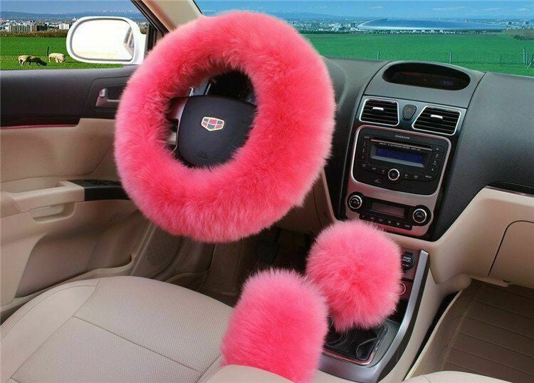 3pc Pink Australia Wool Fuzzy AutoCar Steering Wheel Cover Universal For Winter