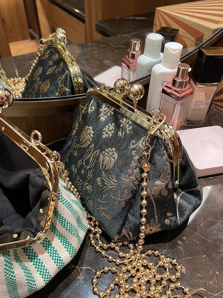 Retro Shoulder Messenger Bag Clutch Striped Gold Bag Luxury Little Handbag Green