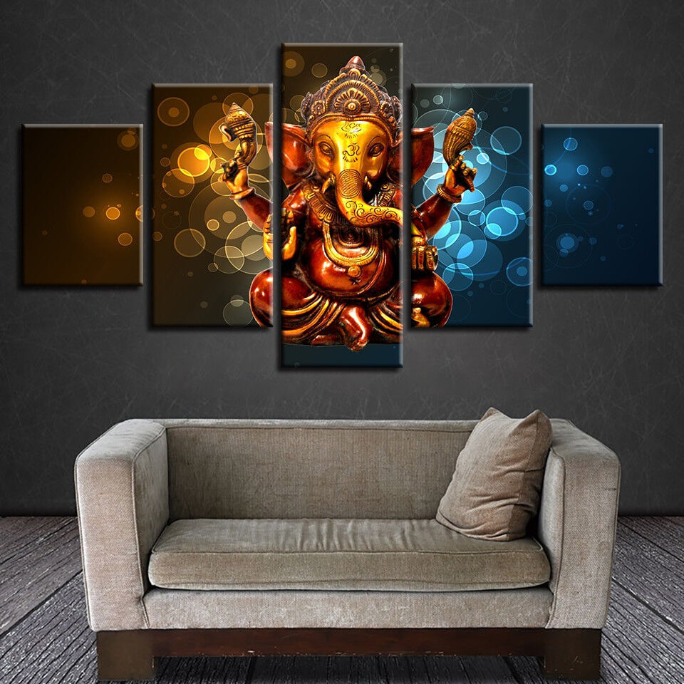 Elephant Trunk God Ganesha Painting 5 Panel Canvas Print Wall Art Home Decor