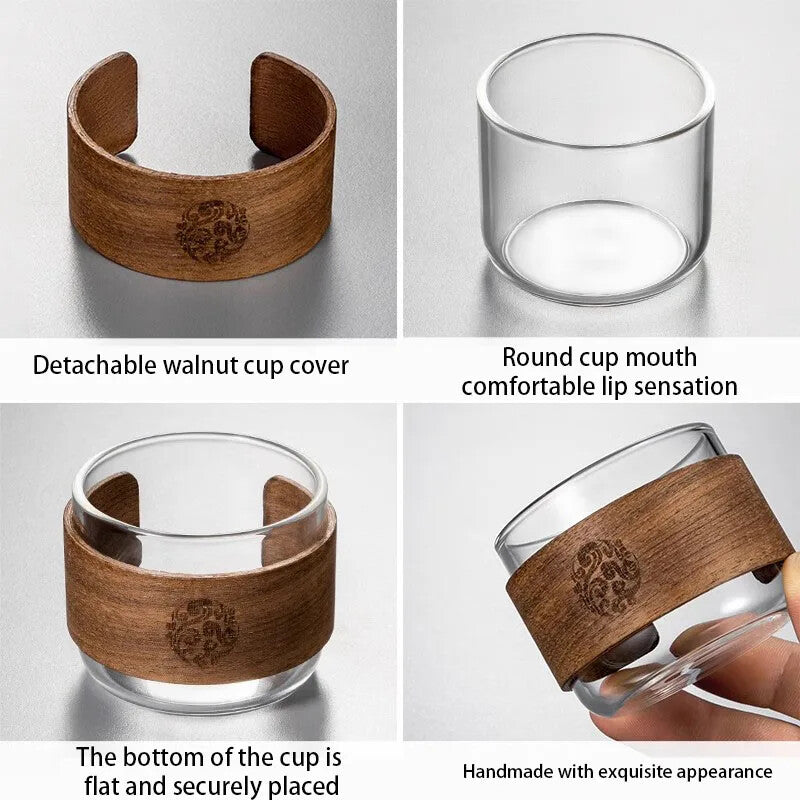 1pc Heat-resistant Glass Tea Cup Set With Wooden Holder Kungfu Tea Master Cup