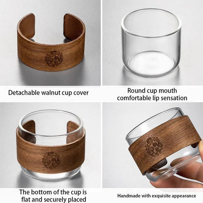 1pc Heat-resistant Glass Tea Cup Set With Wooden Holder Kungfu Tea Master Cup