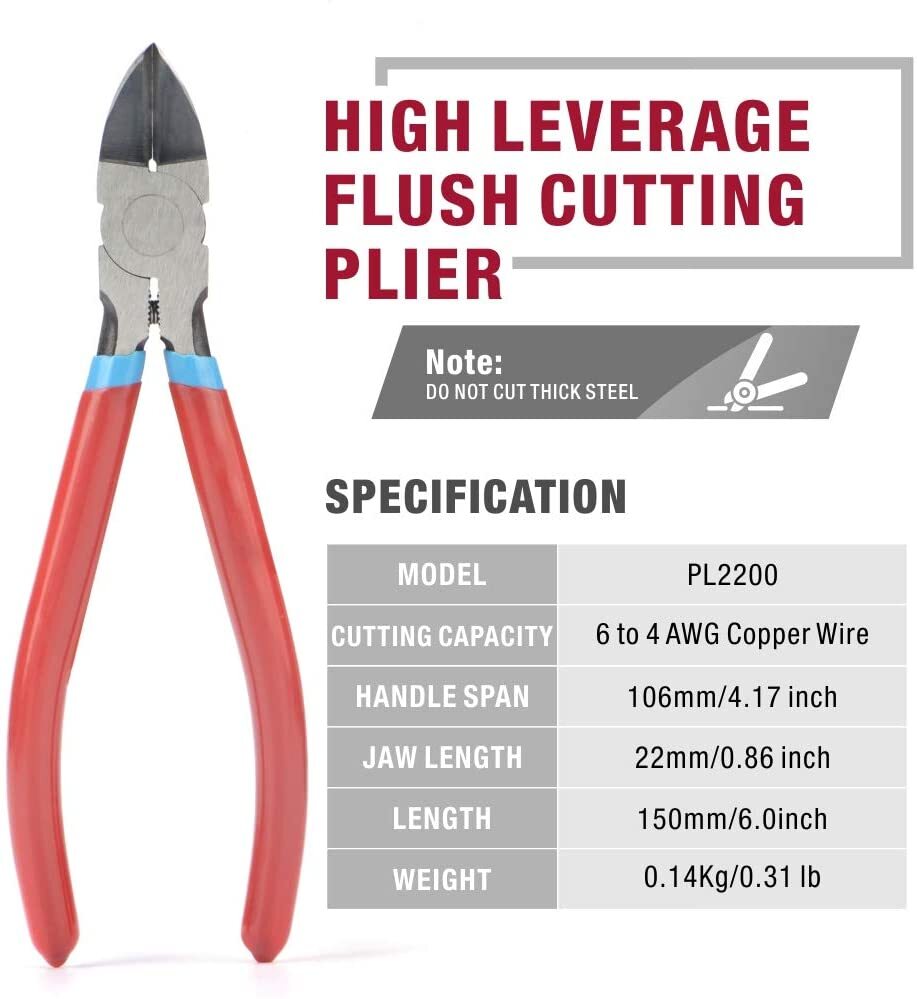 PL2200 Diagonal Flush Cutter 6-Inch Side Cutter Needle-Nose for Reeled Terminals