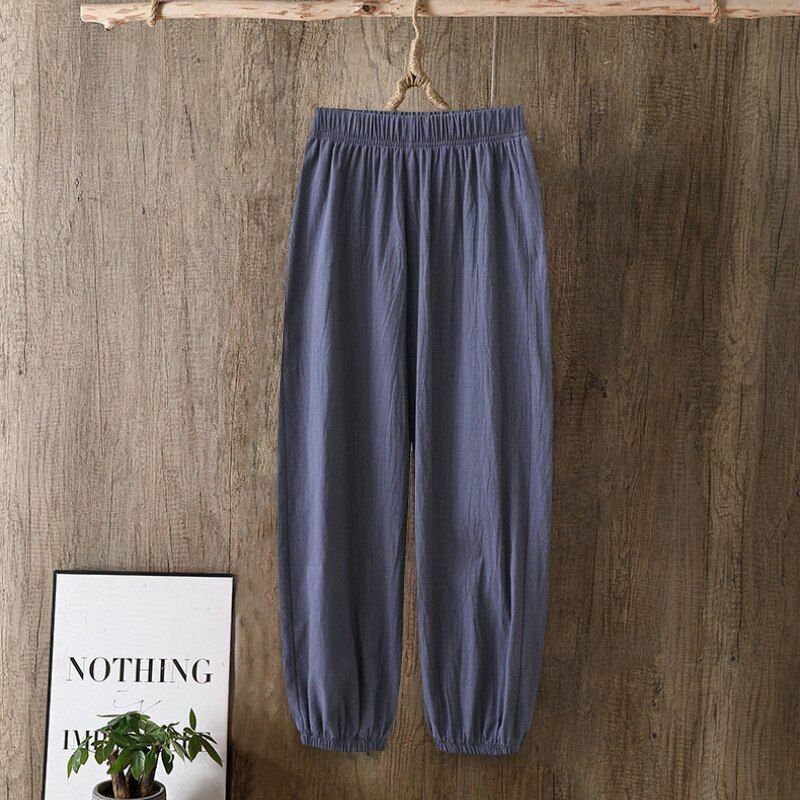 Pants Women Casual Cotton Linen Elastic Waist Solid Basic Retro Loose Trousers