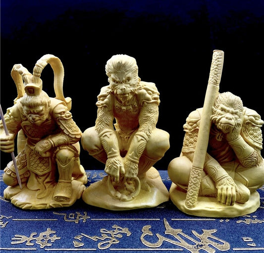 Natural Boxwood Carved Monkey King Statue Sun Wu Kong Sculpture Home Car Decor