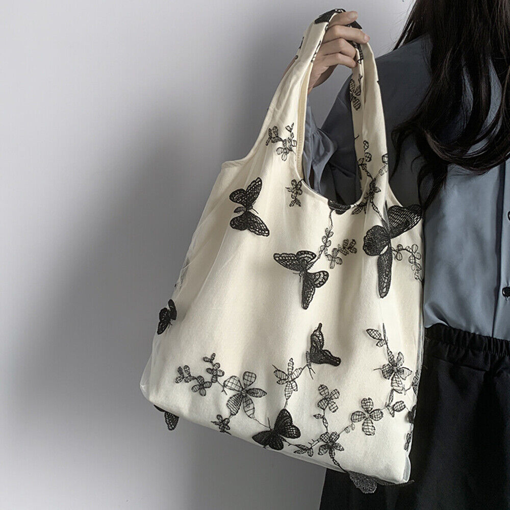 Lace Mesh Butterfly Water Grass Tote Bag Lace Daisy Embroidered Canvas Handbags
