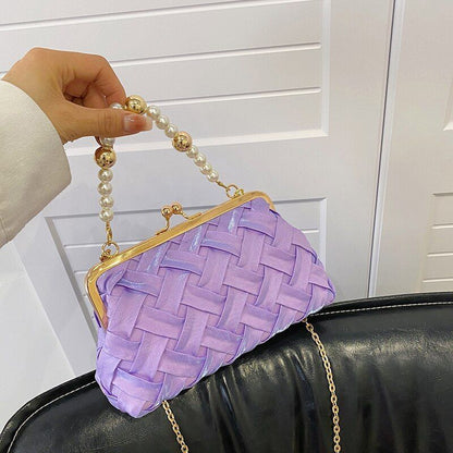 Shoulder Bag Pearl Chain Handbag Ribbon Weave Purses Clip Crossbody 21*5*13 CM