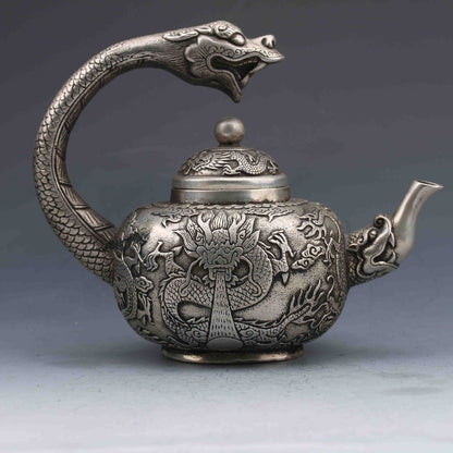 Collection Chinese Tibetan Silver Hand-Carved Dragon Teapot