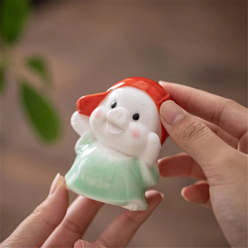Ceramic Pig Red Cap Tea Pet Porcelain Desktop Ornament Decor Pig Tea Figures
