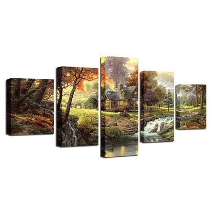 Forest Trees House Stream Landscape Canvas Print Painting Wall Art Home Decor 5P