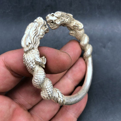 Vintage Copper Double Dragon Bracelet - Handmade Open Cuff Dragon Bangle Jewelry