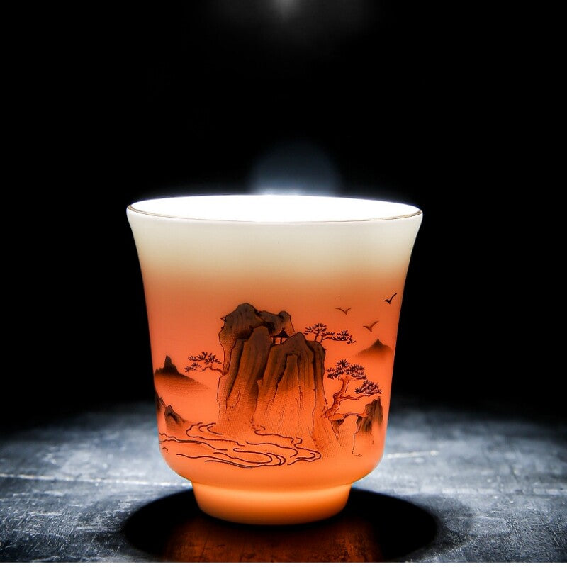 Chinese Tea Set Fat Mutton Jade Porcelain Gaiwan Pitcher Tea Cup Mountain Print