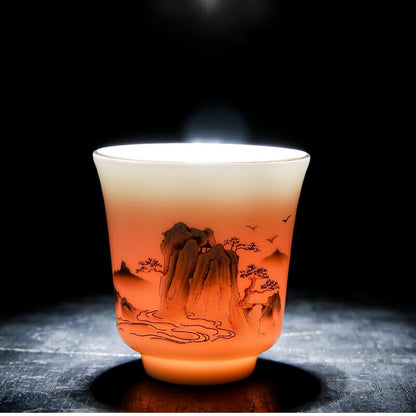 Chinese Tea Set Fat Mutton Jade Porcelain Gaiwan Pitcher Tea Cup Mountain Print