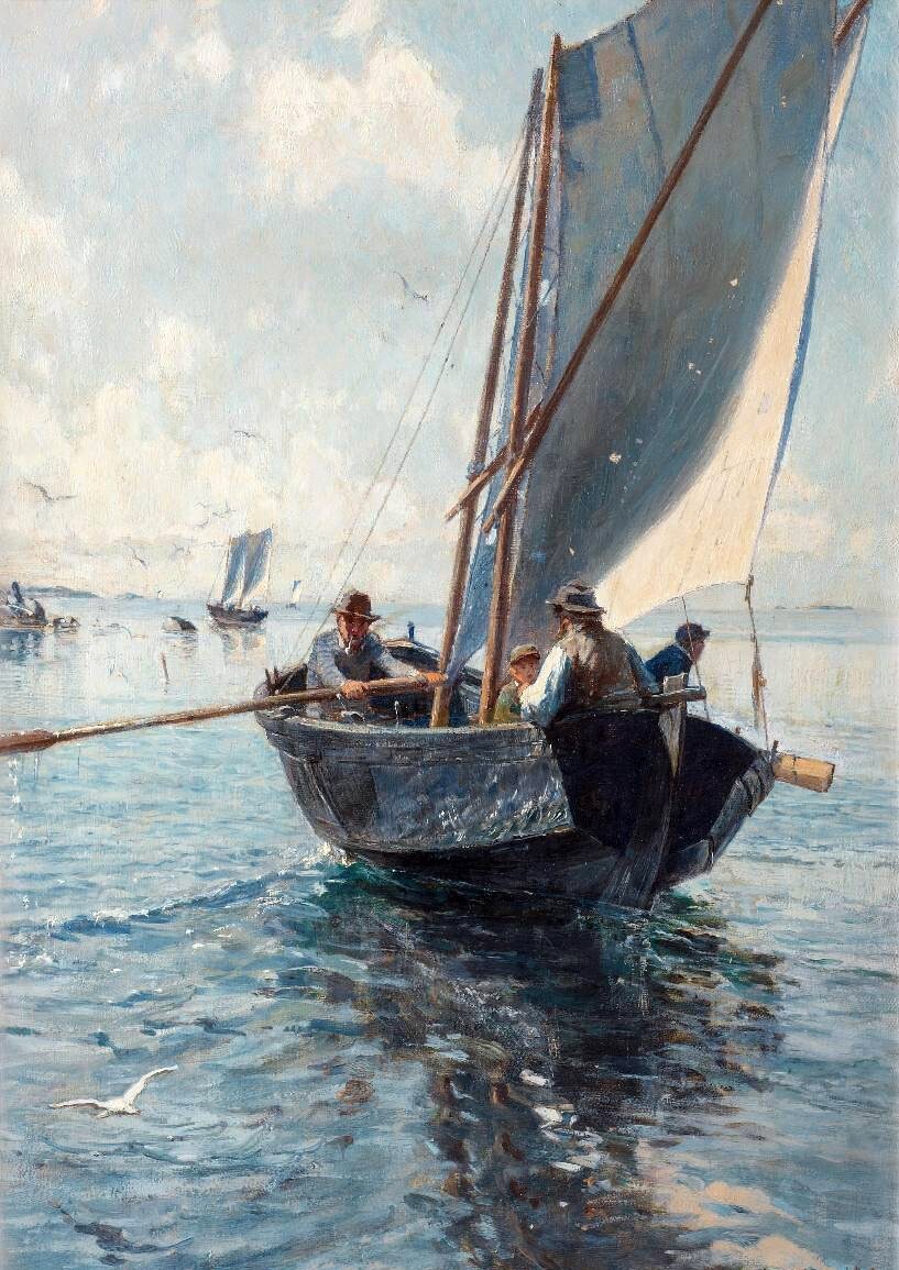 Art Oil painting Johan-Krouthen-Fishermen-in-a-boat river landscape canvas