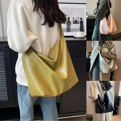 Women Big Bucket Bag Soft Leather Shoulder Bag Underarm Bag Crossbody Bag Silver
