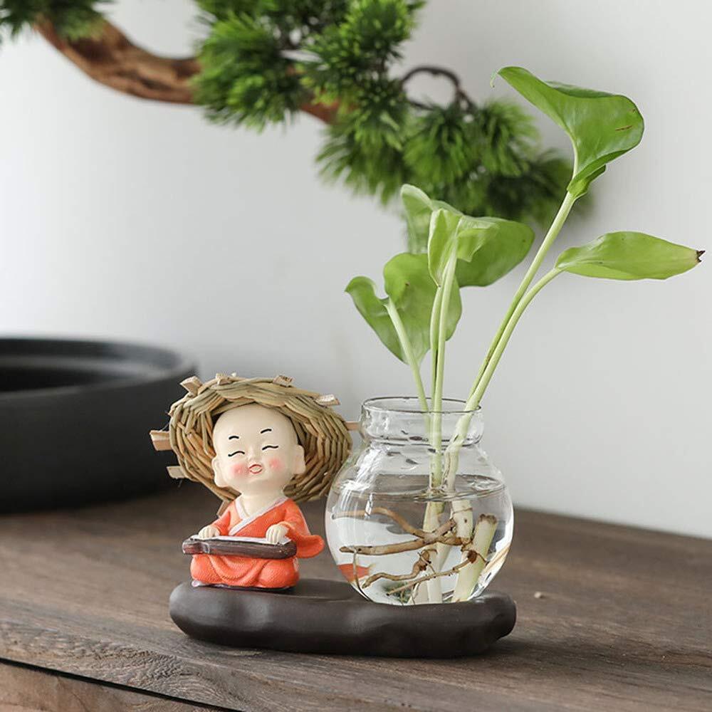 Chinese Straw Hat Monk Buddha Statue Flower Pot Hydroponic Glass Vase Home
