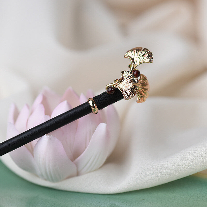 Chinese Ebony Wood Jade Garnet Ginkgo Leaf Hairpin Tibetan Hair Clip