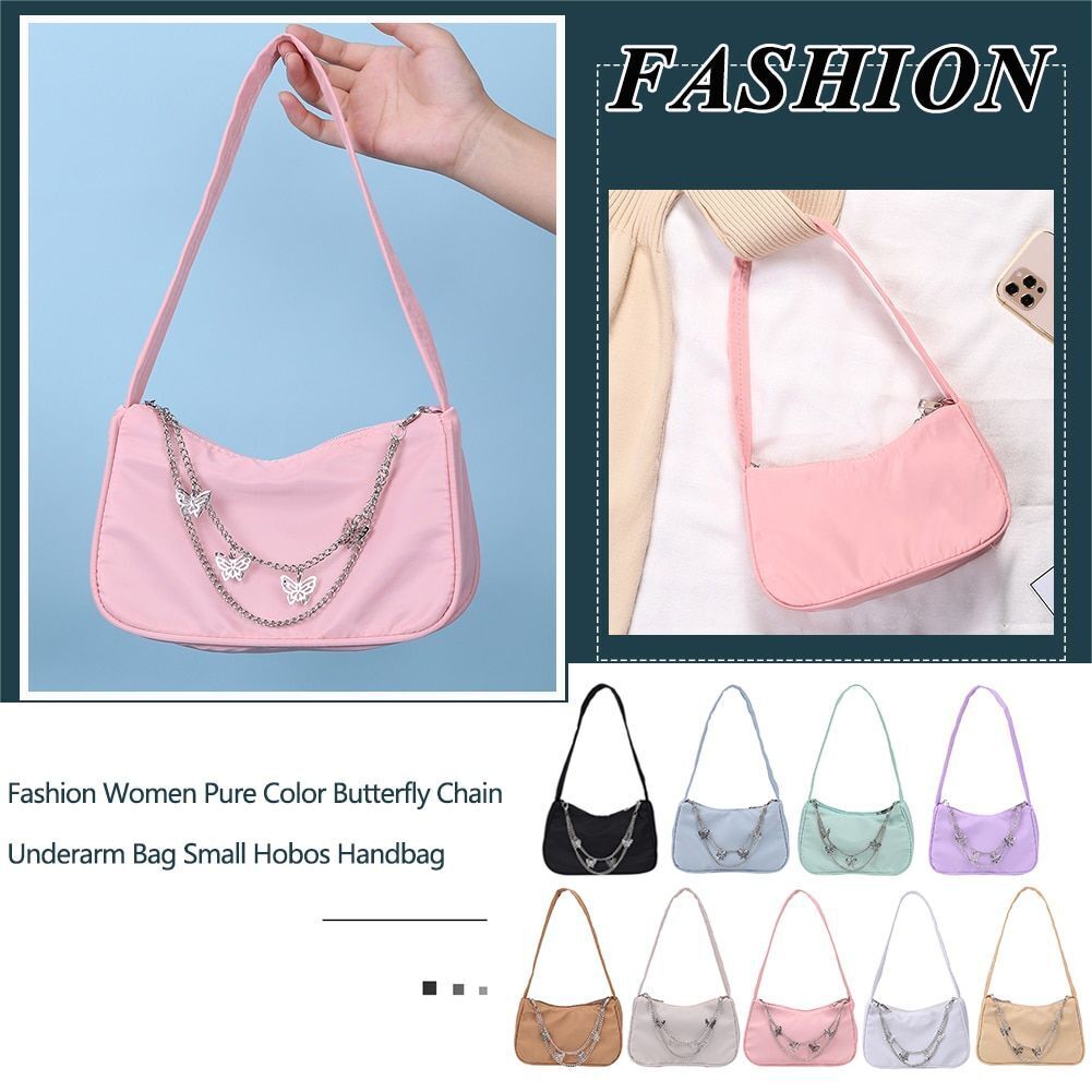 Women Small Shoulder Underarm Bag Leather Nylon Vintage Chain Zipper Handbags