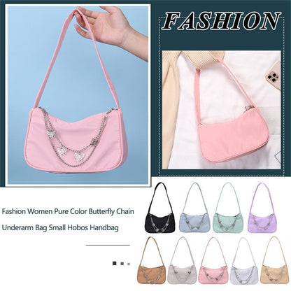 Women Small Shoulder Underarm Bag Leather Nylon Vintage Chain Zipper Handbags