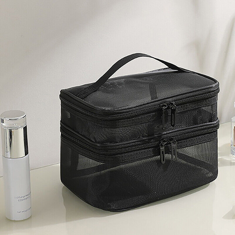 Clear Mesh Double Layer Portable Large Case Cosmetic Storage Bag Pouch Case