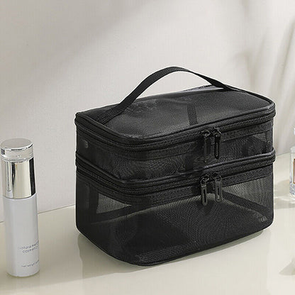 Clear Mesh Double Layer Portable Large Case Cosmetic Storage Bag Pouch Case