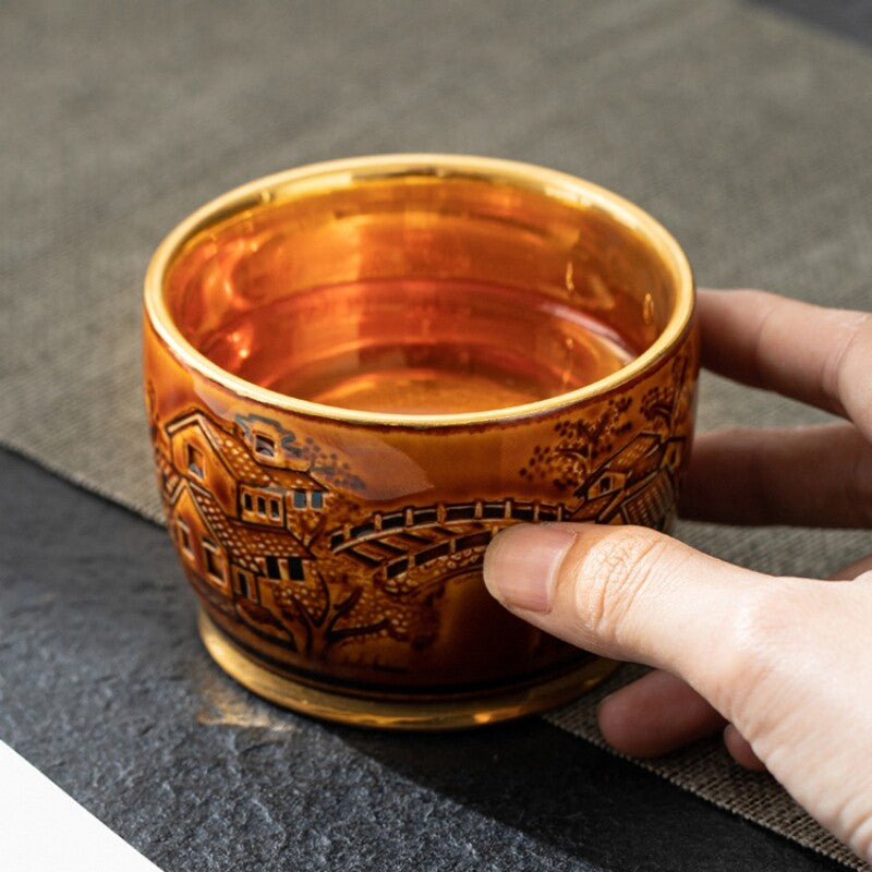 Creative Tea Cup Handmade Relief Ceramic Gilding Master Cup Chinese Kungfu Cup