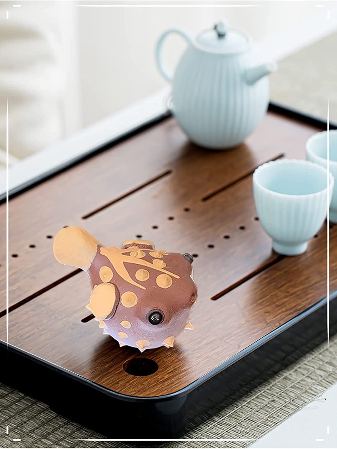 2.7" Purple Clay Tea Pet Puffer Fish Car Ornament Pure Handmade Statue for Tea