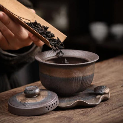 4.6" Chinese Retro Coarse Pottery Gaiwan Tea Cup Handmade Tureen Tea Bowl TeaSet