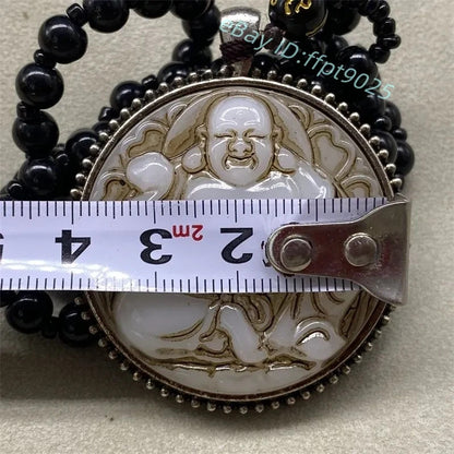 China Antique Collection Old Jade Maitreya Buddha Blessing Pendant Mala Necklace