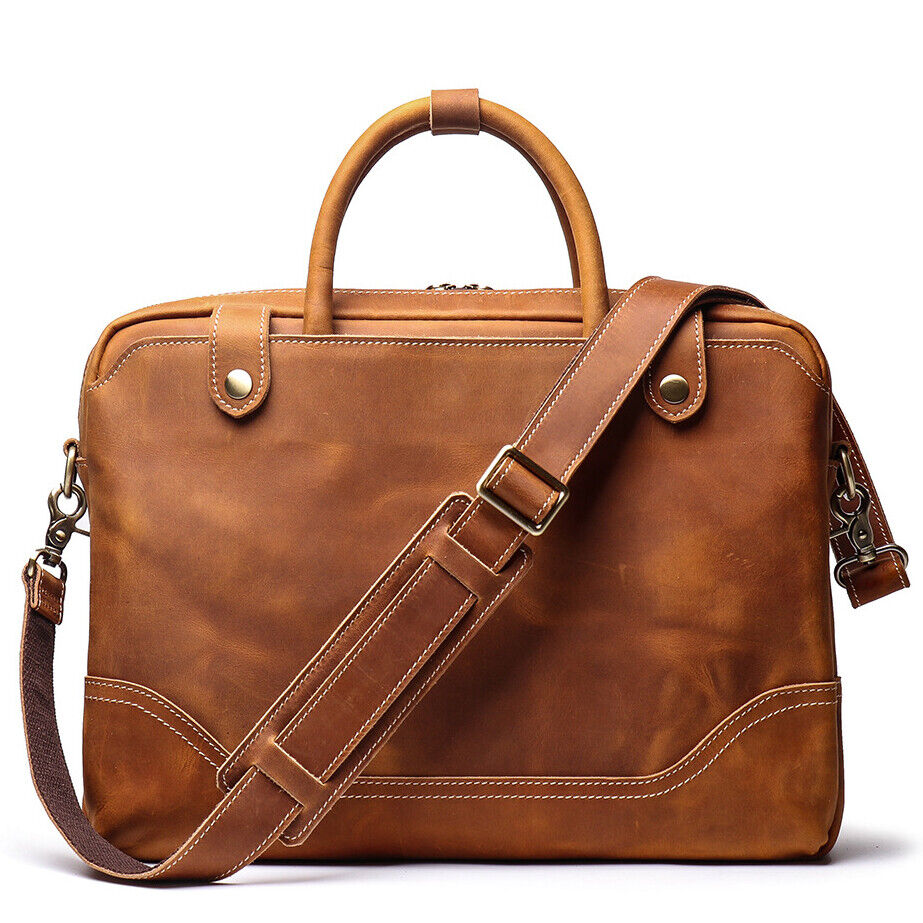 Men's Portable Briefcase Crazy Horse Leather Sling Shoulder Bags for 14" Laptop