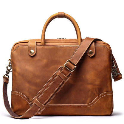 Men's Portable Briefcase Crazy Horse Leather Sling Shoulder Bags for 14" Laptop