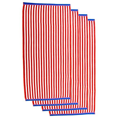 4 Pack Red Thin Stripe Cabana Towels (100% Cotton, 30" x 60", GSM 425)