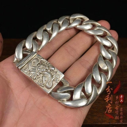 Vintage Silver Plated Dragon Bracelet Men Retro Luck Bangle Jewelry Collectible