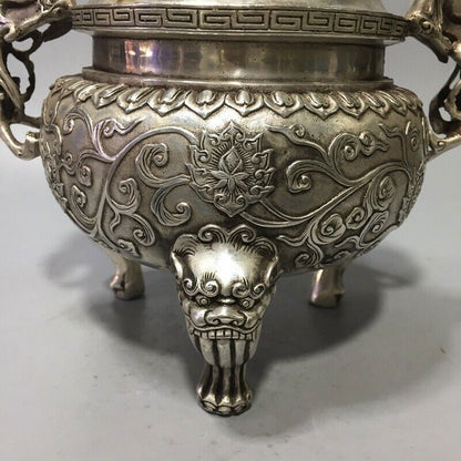 Superb Old Chinese tibet silver handcarved lion foo dog lid incense burner