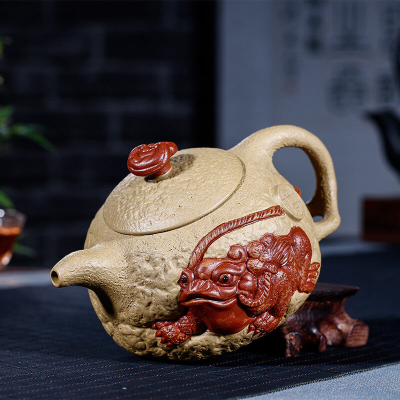 Handmade Tea Pot 9 Infuser Holes Yixing Zisha Duan Clay Frog Carved Relief Pot