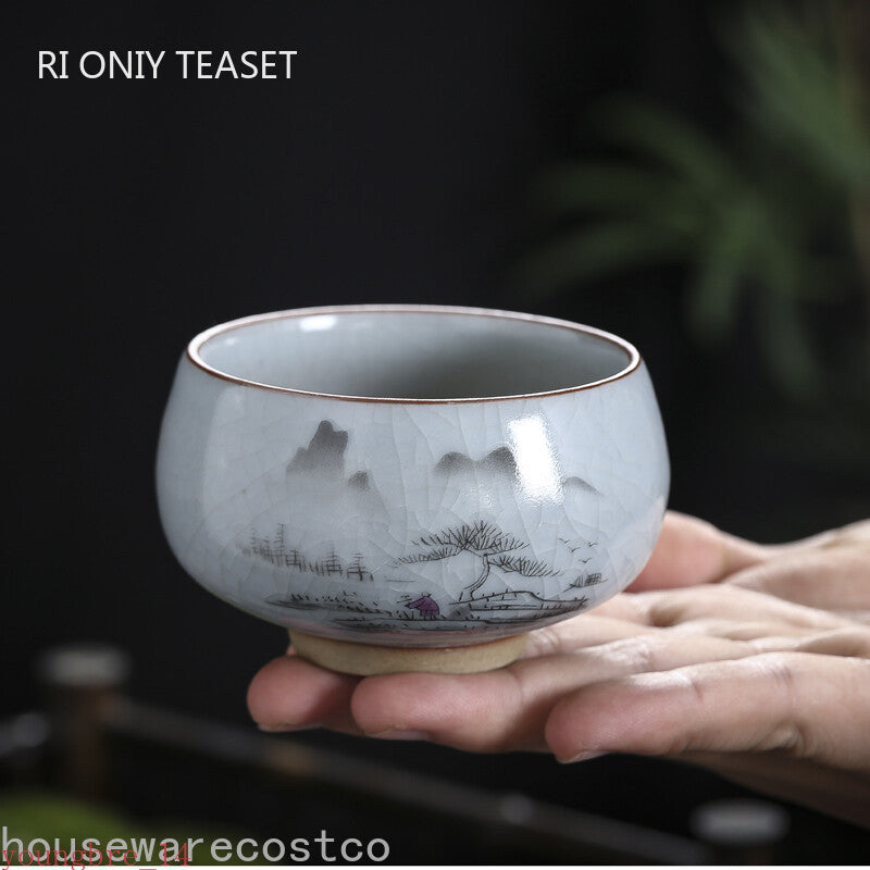 Boutique Ru Kiln Ceramic Teacup Hand Painted Flowers Meditation Cup Travel