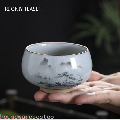 Boutique Ru Kiln Ceramic Teacup Hand Painted Flowers Meditation Cup Travel