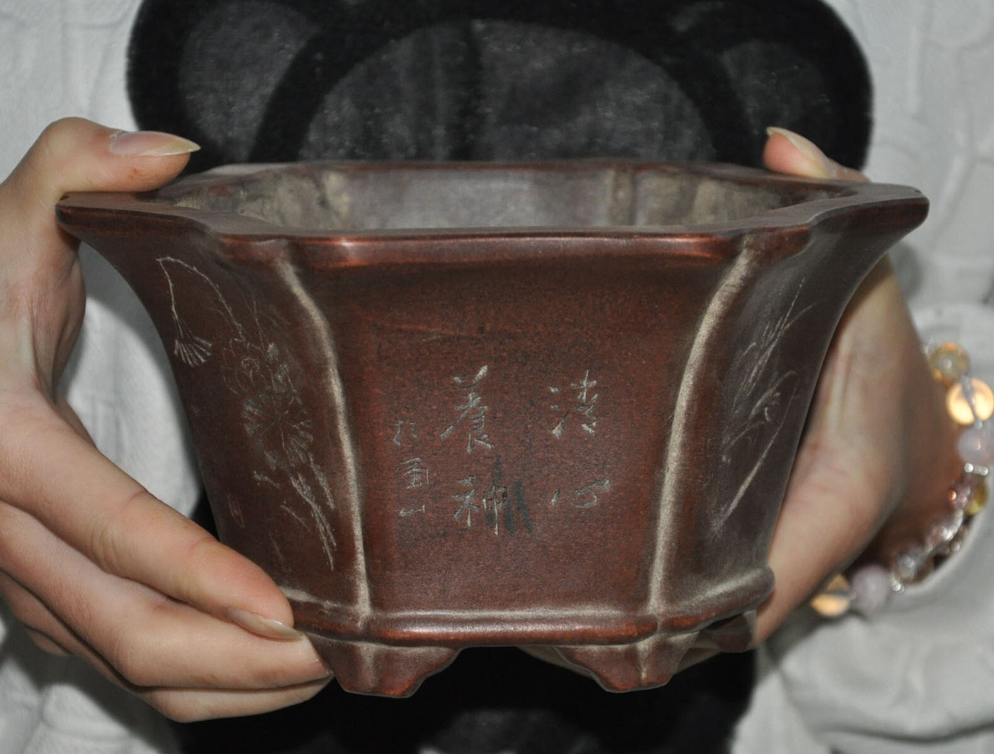 7" Chinese yixing zisha pottery calligraphy orchid flower pot Bonsai Potted pots