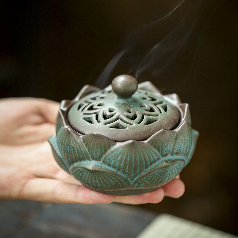 Chinese Retro Hollowed Out Lotus Green Pottery Plate Incense Burner Sandalwood