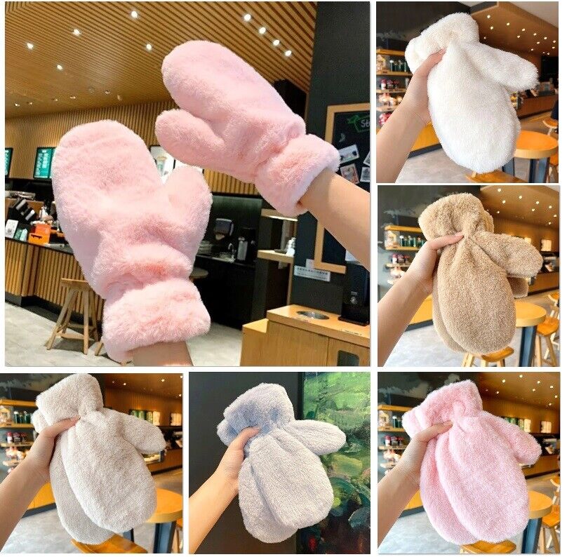 Women Thicken Plush Gloves Solid Color Soft Fluffy Girls Winter Hand Warmer Mitt