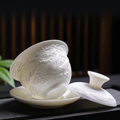 Kung Fu Tea Set Tureen Ceramic Simple Portable Dragon and Phoenix Cups Gaiwan